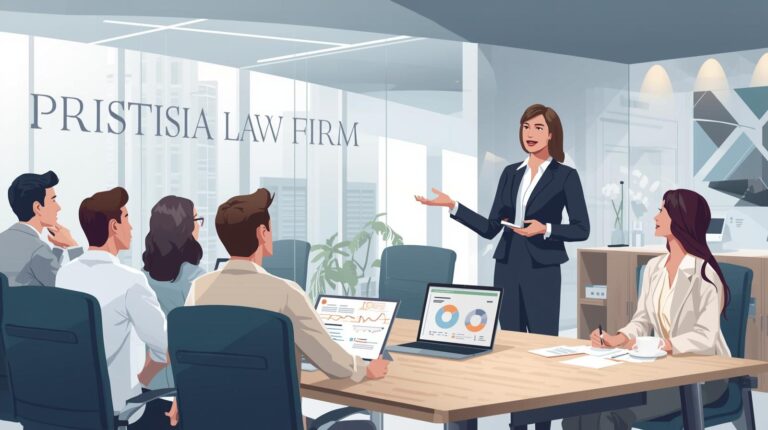Buatkan gambar ilustrasi seseorang mengajari membuat laporan keuangan di kantor Pristisia Law Firm