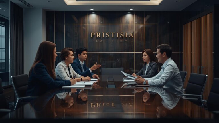 Buatkan gambar orang di kantor PRISTISIA Law Firm sedang berkonsultasi